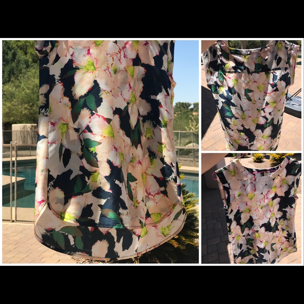 J. CREW TOP SIZE 2P SILK FLORAL BLACK LABEL CAP SPEEVE ROUNDED HEM RUNS BIG